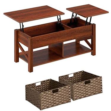 Imagem de Mesa de centro elevatória com armazenamento e cestas de vime, mesa central superior elevável para sala de estar, prateleira de mesa com compartimento oculto, marrom rústico