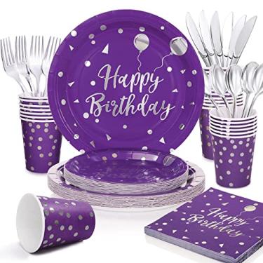 Imagem de 175 pçs suprimentos de aniversário roxo decoração de festa de aniversário prata pratos de papel conjuntos de guardanapos para meninas mulheres decoração de aniversário serve 25 convidados