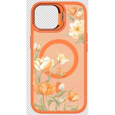 Imagem de Yucenx Capa de telefone floral para S26 com 2 protetores de tela, capa protetora magnética translúcida fosca fosca de grau militar para meninas e mulheres para S26 (laranja, S26)