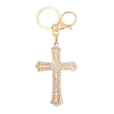 Imagem de Chaveiro, pingente de cruz de cristal, strass, metal banhado a ouro - 