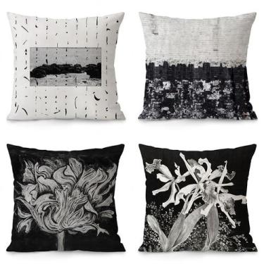 Imagem de Conjunto de fronhas, arte floral abstrata, pelúcia preta/branca, 35x35