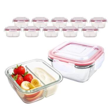 Imagem de Kit 10 Potes De Vidro 300ml 2 Divisórias Hermético Marmita Fit Com Tra