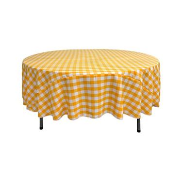 Imagem de LA Linen Toalha de mesa redonda quadriculada de poliéster, 228 cm, amarelo escuro/branco