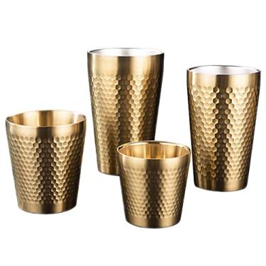 Imagem de UPTALY 4 peças de copos de aço inoxidável dourado (450ml/ 350ml/ 300ml/ 175ml), taças de padrão diamante martelo, canecas de chá gelado engrossadas, canecas de cerveja de parede dupla, xícaras de café de metal, para ambientes internos e externos