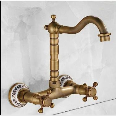 Imagem de Torneira misturadora para pia de cozinha com bacia antiga Torneira giratória Estilo bronze retrô Torneira para lavatório com alça dupla montada na parede, SLT125QZS