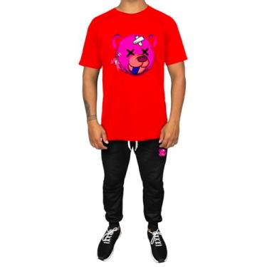 Imagem de Kit Conjunto Masculino Camiseta Algodão e Calça Moletom Casual Estampado Urso Rosa (Vermelho, G)