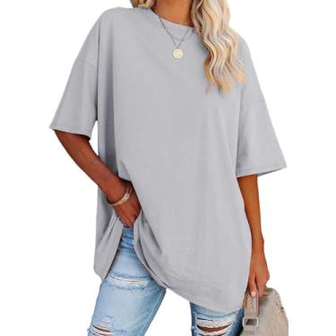 Imagem de YEXIPO Camisetas femininas de tamanho grande verão manga curta ajuste solto casual gola redonda túnica tops simples, Cinza 1, P