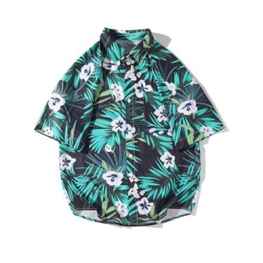 Imagem de GURUNVANI Camisa masculina havaiana manga curta abotoada praia top verão floral casual camisas, 24hc23204green, M