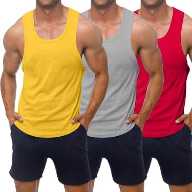 Imagem de KAWATA Regatas de treino masculinas de secagem rápida para academia camisetas musculares fitness musculação camisetas sem mangas, Amarelo/Cinza Claro/Vermelho, GG