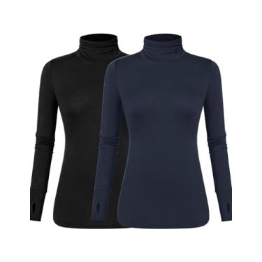 Imagem de LUYAA Camisetas femininas de manga comprida gola rolê leve e fina para o polegar com furos para o outono primavera inverno, Preto + azul marinho, M