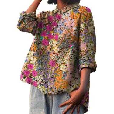 Imagem de Camisetas grandes para mulheres, algodão, linho, abotoadas, floral, túnica de manga comprida, blusa de trabalho com colarinho, tops de verão 2024, Vermelho, P