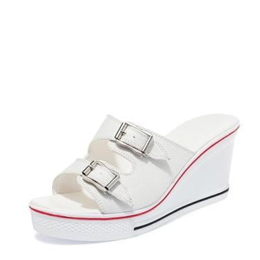 Imagem de ALLINNINE Tênis feminino de salto alto moderno de lona cano alto com cadarço borda cunha zíper inclinado sapatos tamanho 4-11, Fivela em D branca, 33