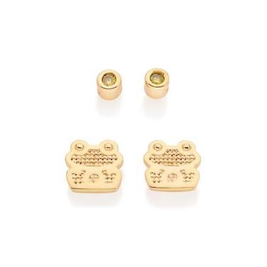 Imagem de Kit Brinco Solitário e Sapo Banhado a Ouro Rommanel 527296, Dourado