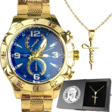 Imagem de Relógio Prova D`Água Aço Masculino + Cordão Crucifixo + Caixa Robusto Dourado Pesado Ba...