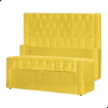 Imagem de Kit Cabeceira e Calçadeira Baú Emma Suede King 195 cm - Fina Mobília, 