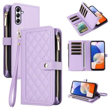 Imagem de Dswteny Capa carteira para Samsung Galaxy S24 FE 5G com alça de pulso cordão flip zíper suporte suporte macio acessórios padrão Argyle capa de celular para S 24 EF S24FE 24S mulheres meninas roxo