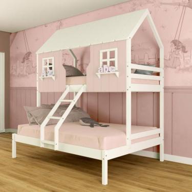 Imagem de Beliche Casal/ Solteiro Casinha Encantada Madeira Maciça Rosa/ Branco Megamobilia