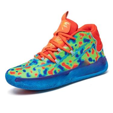 Imagem de FOTN Tênis feminino multicolorido com cadarço, cano alto, casual, respirável, esportivo, atlético, caminhada, corrida, basquete, Azul e vermelho, 37