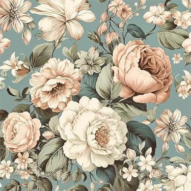 Imagem de VistaPalette Vintage verde-azulado peônia branca floral bege flores descascar e colar papel de parede decoração de parede autoadesivo papel de parede cola fácil de retirar contato para locatário