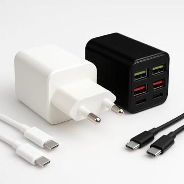 Imagem de Carregador Turbo 168W 6 Portas (USB-C e USB-A) com Cabo Tipo C – Compatível com iPhone 15/16, Samsung Galaxy, Motorola, Xiaomi, MacBook e Notebooks – Bivolt, Recarregamento Rápido e Seguro (Branco)