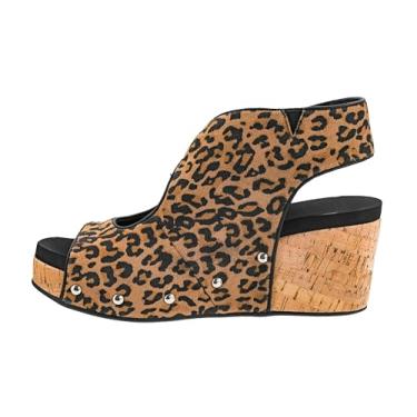 Imagem de Corkys Footwear Cunha feminina Frisky – com salto de 6 cm, salto de cortiça leve, tira ajustável no tornozelo e conforto o dia todo para um estilo sem esforço, Leopardo, 38