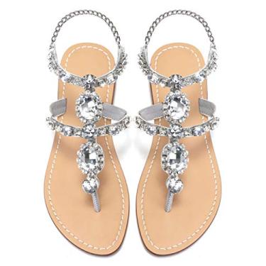 Imagem de ZhuLinFeng sandália feminina gladiadora strass Pingtan sandálias de casamento joia pérola brilhante noiva madrinha sandálias azul boêmio, Prata, 7