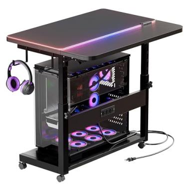 Imagem de ZIFTY Suporte ajustável para torre de computador de 2 níveis com estação de carregamento e rodas, mesa de mesa com mouse pad RGB embaixo da mesa, suporte para PC para jogos, suporte para CPU e
