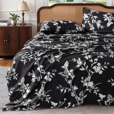Imagem de Shilucheng Conjunto de lençóis 100% algodão - 1000 fios, lençóis florais de algodão egípcio de luxo, roupa de cama estampada respirável e refrescante, bolso profundo de 40,6 cm - 4 peças (king, preto