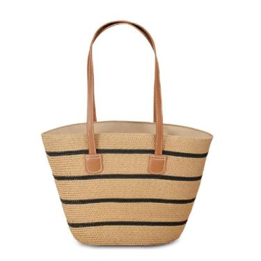 Imagem de Bolsa Feminina De Palha Grande Moda Praia Verão Passeio Com Alça De Ombro Reforçada Estilosa Elegante Tedencia Verão Mar Piscina Piquinique Férias Bolsa De Palha Sintetica Luxuosa (Marrom/Listrado)