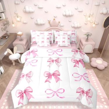 Imagem de Jogo de cama com laço e laço rosa, 7 peças, para crianças, adolescentes, mulheres, lençol com laço fofo em uma bolsa, princesa, listrada, nó e laço fofo, decoração de quarto, kawaii