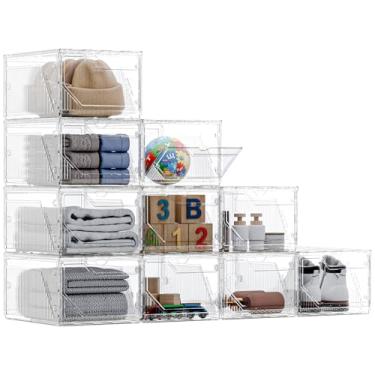 Imagem de Yashong Pacote com 10 organizadores de armazenamento atualizados com porta magnética, nova instalação mais fácil, estrutura mais estável, caixa de sapatos interconectável transparente e espessa para