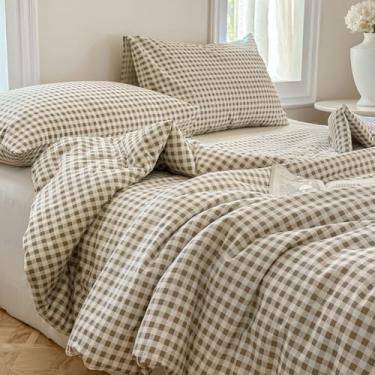 Imagem de NSNLGSGC Conjunto de edredom King de algodão caramelo guingão, 100% algodão lavado, xadrez, xadrez, 3 peças vintage fazenda quadriculada (cinza, King)