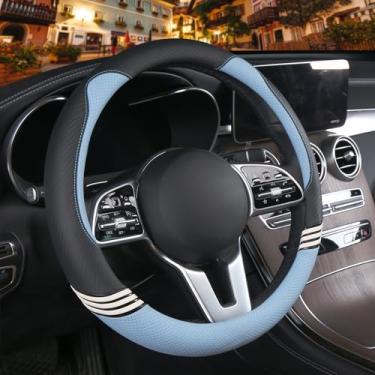 Imagem de Binsheo Capa de volante fofa de 35,5 cm para mulheres e homens, couro sintético e fibra de carbono, preto e azul