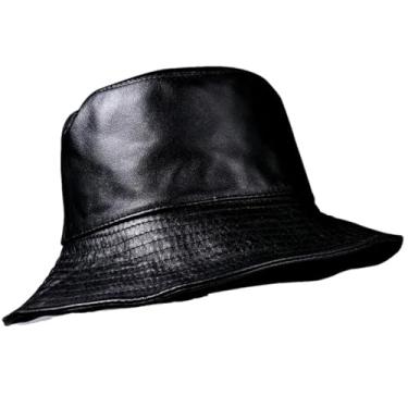 Imagem de Boné masculino de couro genuíno para uso ao ar livre aba grande fina chapéu de pescador hombre ajustado preto 54 56 cm