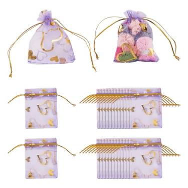 Imagem de 50 unidades de sacos de organza estampados em coração 7 x 9 cm transparente roxo médio cordão organza sacos de presente para festa de casamento bolsas de embalagem de joias de Natal