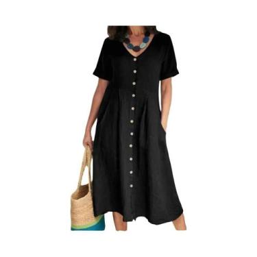 Imagem de Vestido De Algodão E Linho plus Size Com Decote Em V, Manga Curta, Bot