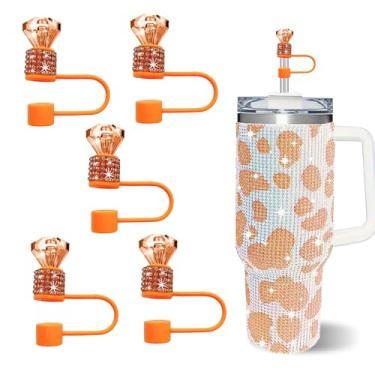 Imagem de JIASHEBDE Conjunto de 5 peças de cobertura de canudo de diamante brilhante, topo de palha de strass duplo para copos Stanley de 30 e 1,134 g, acessórios de tampa de 1 cm para canudos de 10 mm (laranja
