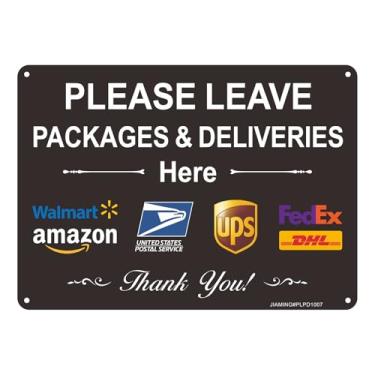 Imagem de Por favor, deixe pacotes e entregas aqui placa, 1 pacote de 25 x 17 cm placa de entrega para pacotes pedidos da Amazon, UPS, FedEx, USPS alumínio reflexivo à prova de ferrugem, à prova de intempéries