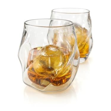 Imagem de JB Copos de uísque de parede dupla/conjunto de 2/moldes de bola de gelo de silicone/copo de uísque soprado à mão com parede dupla de 170 g/ Conjunto de presente masculino