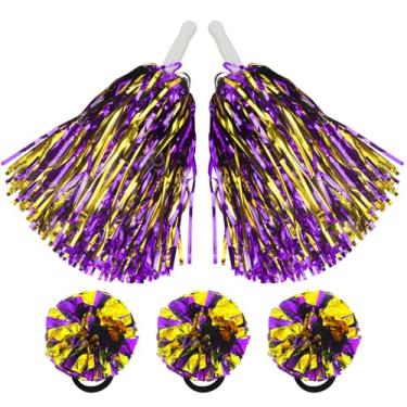 Imagem de Hooshing 5 peças de pompons roxos e dourados para líderes de torcida e cordas de cabelo com pompons para meninas líderes de torcida esportes recompensas torcida no festival de festa