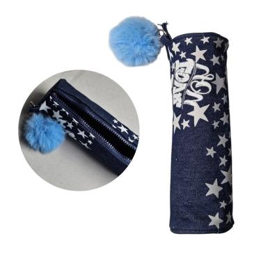 Imagem de Estojo Jeans Love You Estrelas Pompom Azul Escolar Fofo Leve Organização Aula Fofo Lápis Material