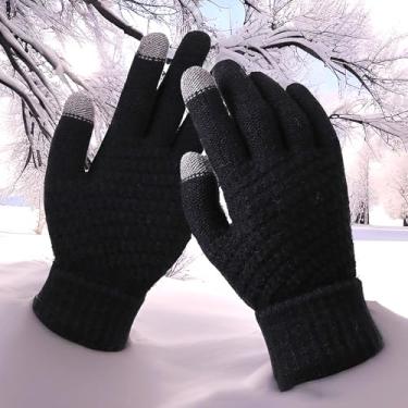 Imagem de 1 par de luvas femininas de inverno para tela sensível ao toque – malha forrada com lã quente com punho elástico para clima frio, ciclismo e esqui, Preto