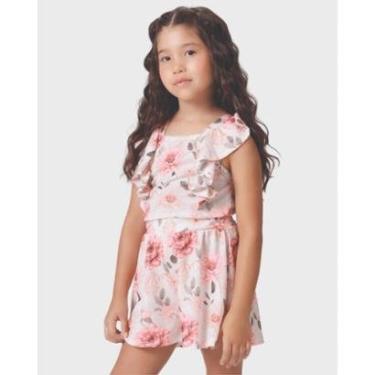 Imagem de Conjunto menina flores blusa babado saia verão fofo leve - Vermelho e Rosa - Menina 4 a 14 anos-Feminino