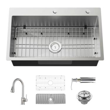 Imagem de Pia de cozinha de aço inoxidável de 76 x 45 cm com torneira - Drop In Modern Single Bowl Topmount Kitchen&Bar Sink Combo com torneira, grade SS, tapete de silicone, conjunto de filtro de drenagem