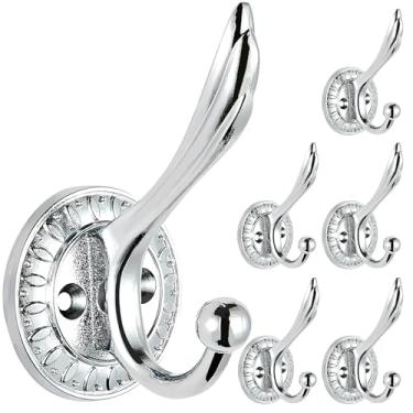 Imagem de Ruiziiz Gancho preto para toalha pacote com 4 ganchos para roupão de banho duplo de metal resistente, ganchos de toalha pretos para banheiros, cozinha, armário, garagem (336-2prata, 6)