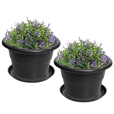 Imagem de Kit 2 Vaso Redondo Pequeno Com Prato Plástico Para Flores Plantas Jardim Preto - AMZ
