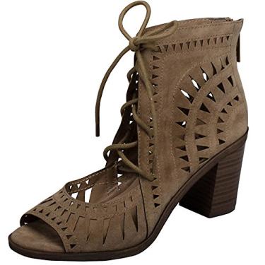 Imagem de Breckelles Gabby Lasercut Stacked Chunky Heel Peep Toe Sandal (Beige, 5.5)