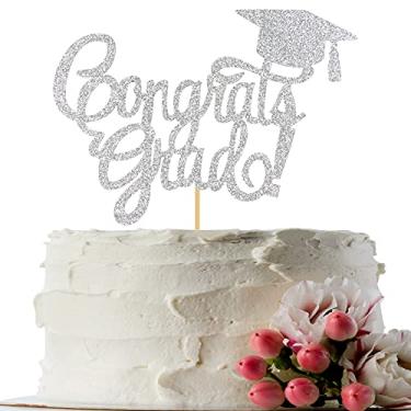 Imagem de Innoru – Topo de bolo de grau Congrats – Acessórios para decoração de festa de formatura com purpurina prata classe de 2020 – Formatura de colégio, topo de bolo de graduação