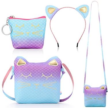 Imagem de Weewooday Conjunto de 3 peças de bolsa de ombro de gato de Natal, lindas bolsas de mão com mini bolsa de moedas, faixa de cabeça para gatos, presentes para meninas, Azul, roxo, 4 inches