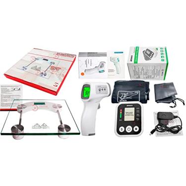 Imagem de Kit Saude Aparelho Medidor Pressão Braço Com Voz + Termômetro Infravermelho Testa Febre + Balança Digital Peso Corporal